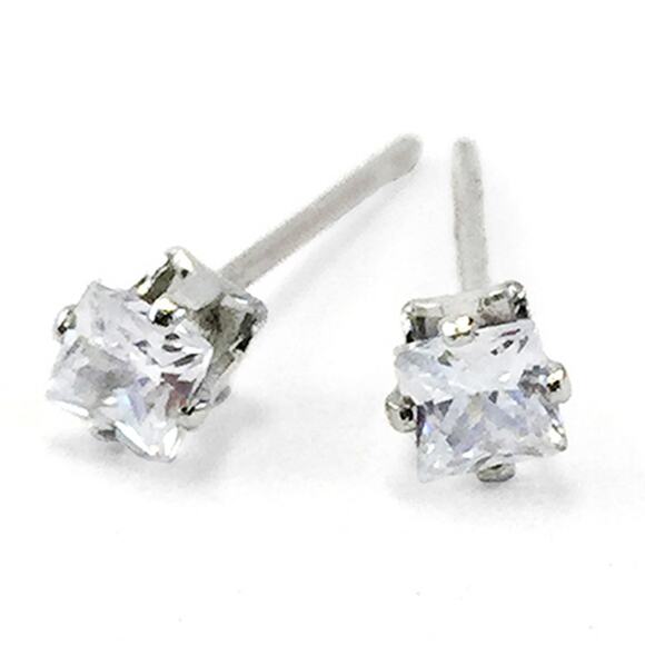 CUBIC ZIRCONIA EARRINGS CQS3 3mm Square Silver Tone Post/Back Lead & Nickel Free - Picture 1 of 4